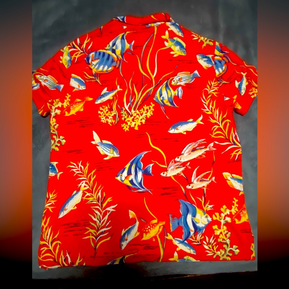Vintage Polo Ralph Lauren Size Large Bright Red slim fit Aquarium Print Polo Rl
